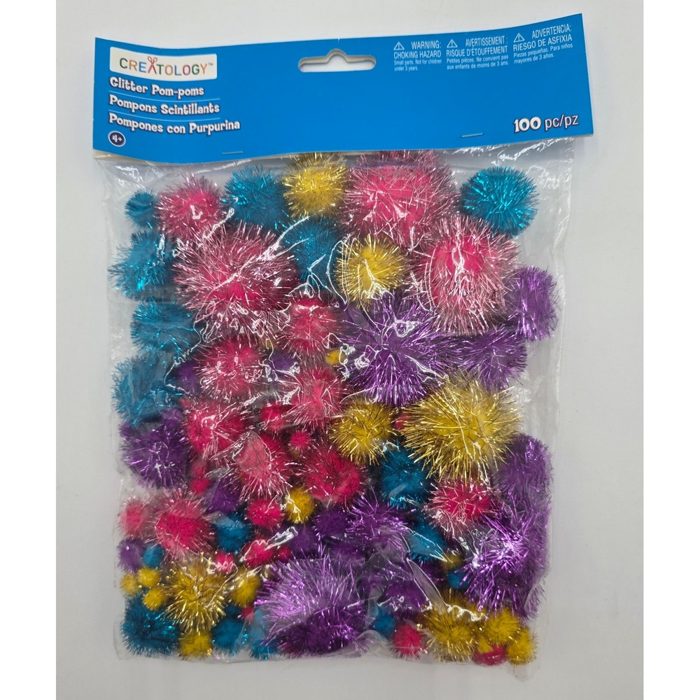 Creatology Glitter Pom-poms 100 pc Assorted Sizes Pink Purple Blue Gold New